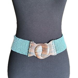 Vintage Faux Turquoise Beaded Belt with Brown Wood Buckle